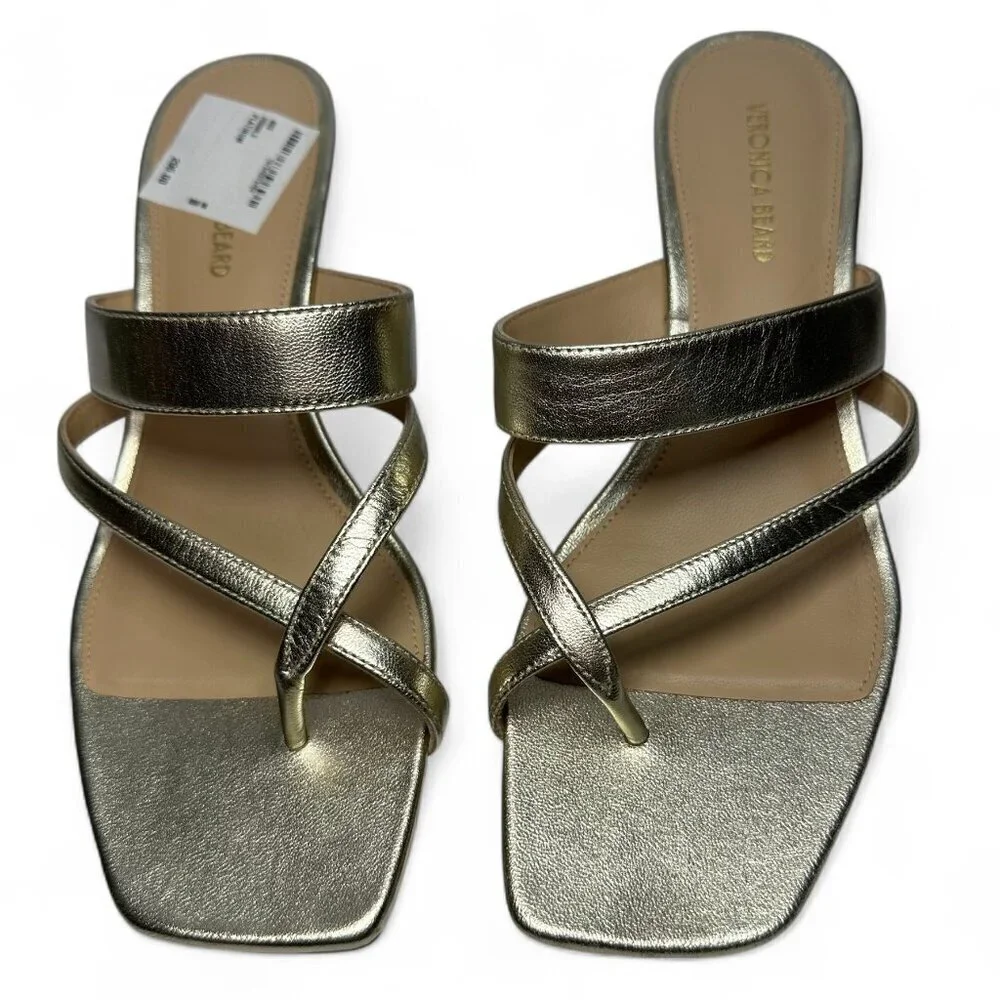 VERONICA BEARD Alanis Strappy Slip On Mid Heel Sandals, Gold, Size 8, NWOB